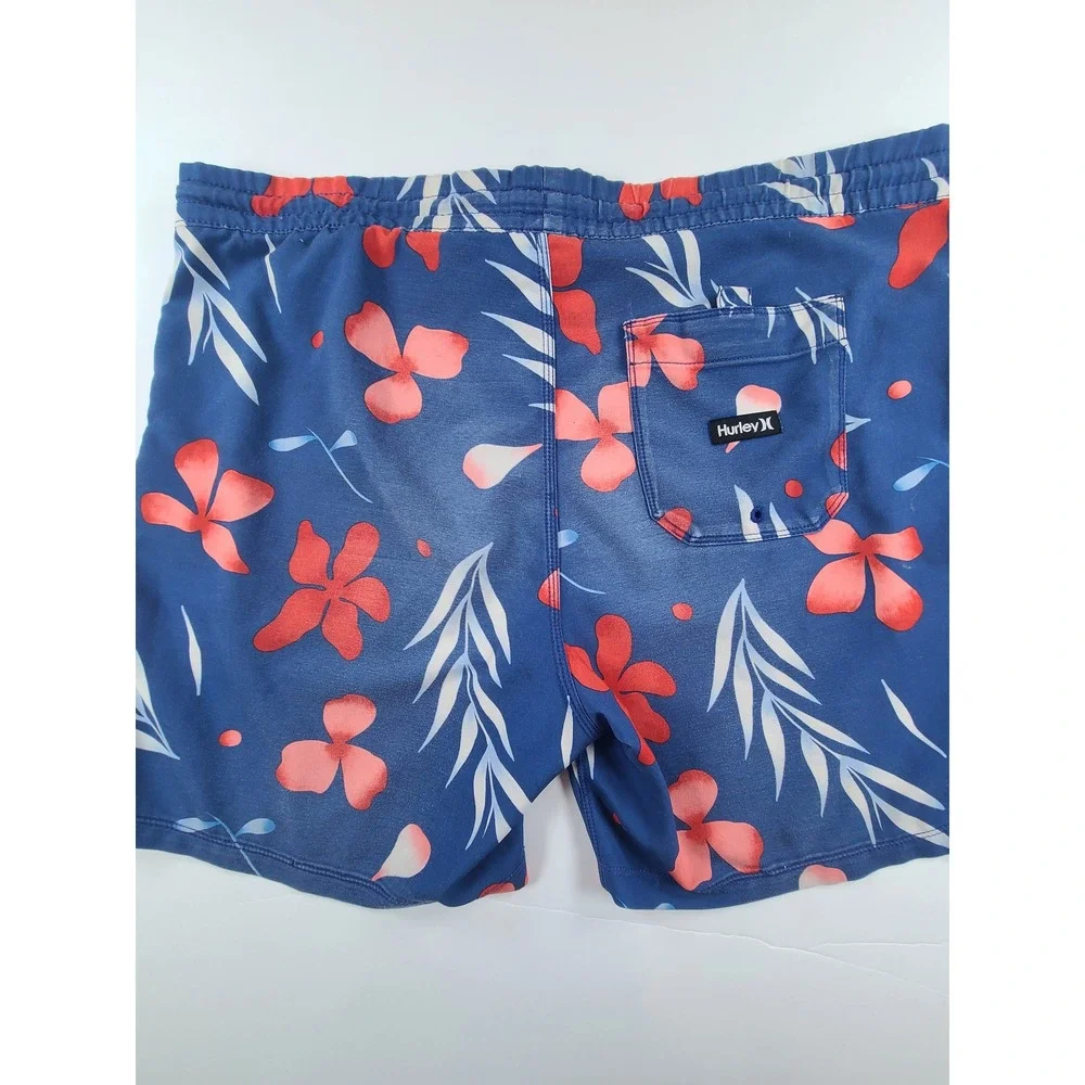 Hurley Swim Board Shorts Mens Medium Blue Floral Tropical Beach Drawstring Waist